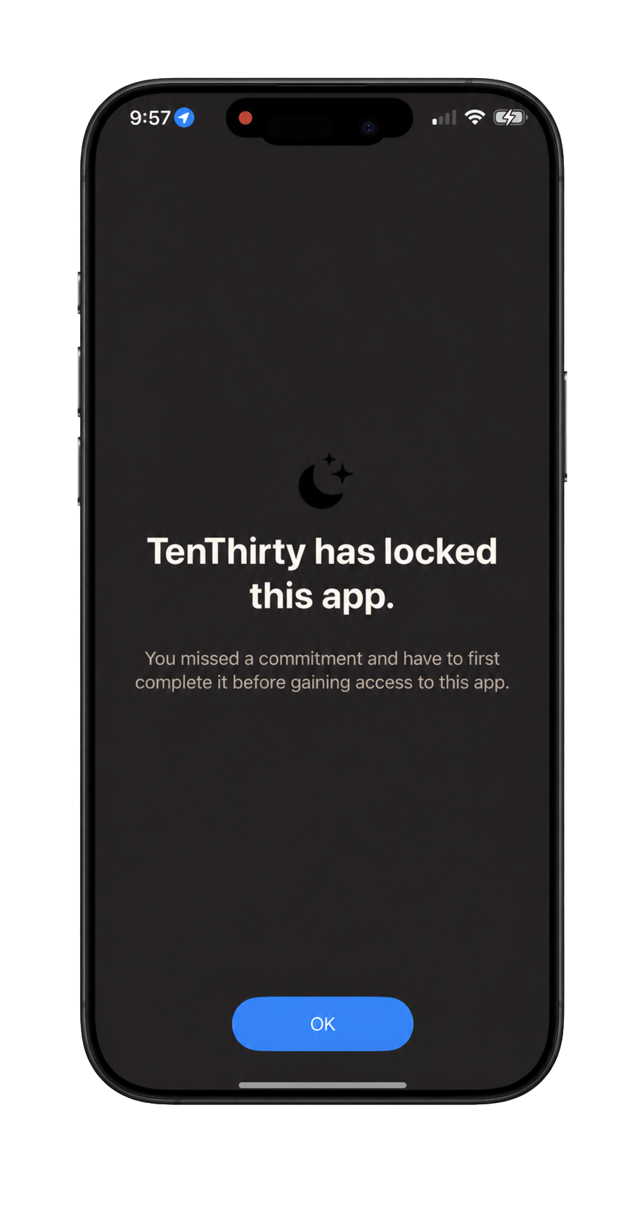 TenThirty blocking an app after a missed sleep commitment