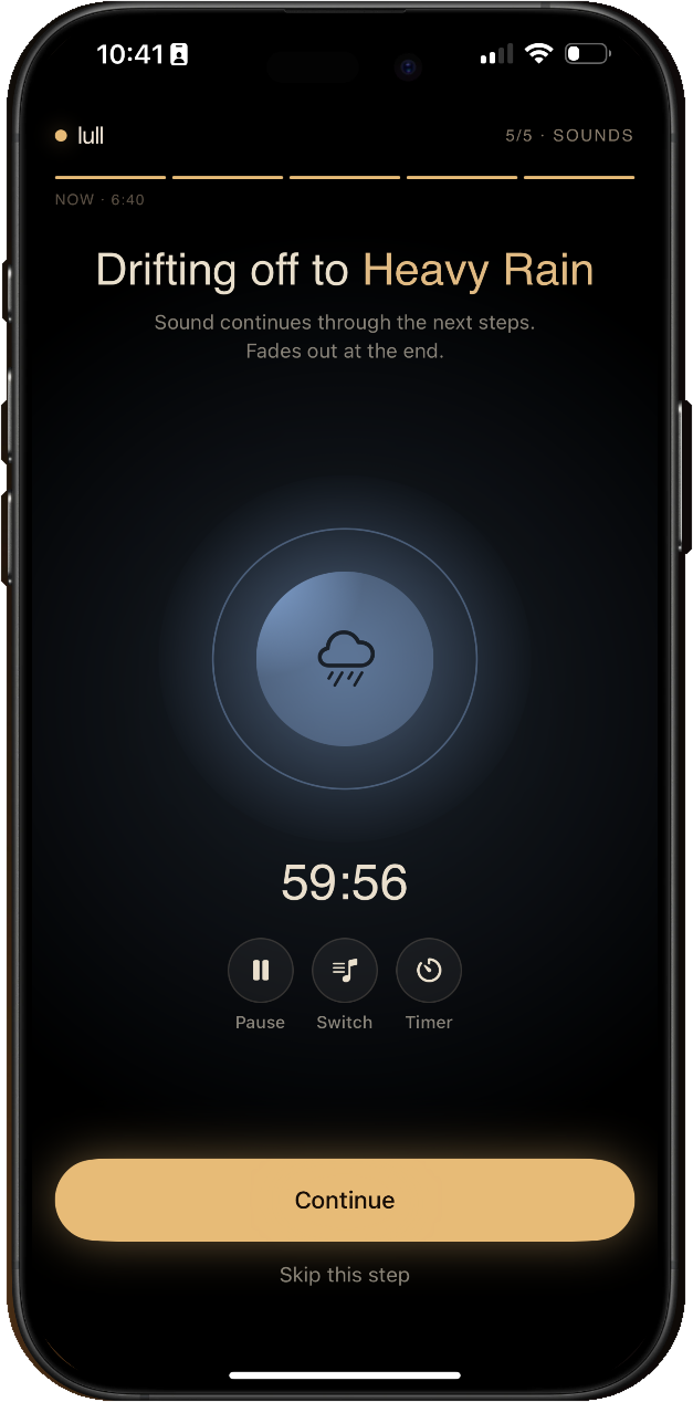 TenThirty sleep sound screen playing Heavy Rain on an iPhone
